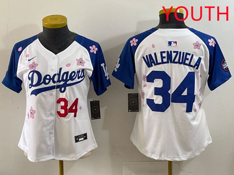 Youth Los Angeles Dodgers #34 Valenzuela White Blue Sakura Edition 2025 Nike MLB Jersey style 32